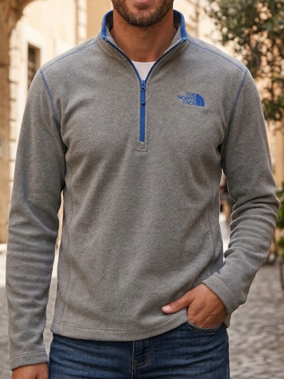 The North Face Gray Fleece Half-Zip with Blue Accents